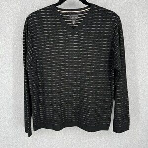 Cezani Mens V Neck Long Sleeve Knit Sweater Size L Black Tan Wool Neutral EUC